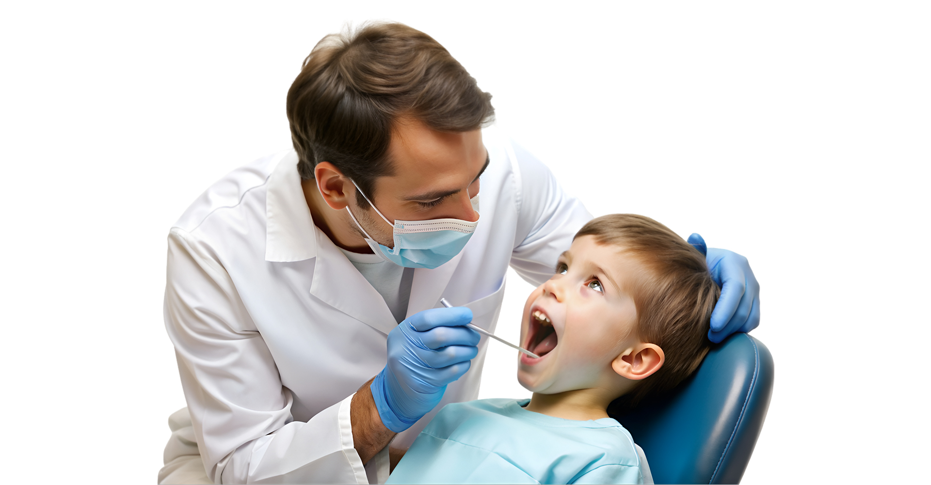 A young boy sits in a dental chair while a dentist examines his teeth with tools.