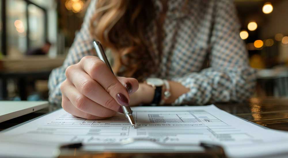 Close up of woman hands holding pen filling out forms