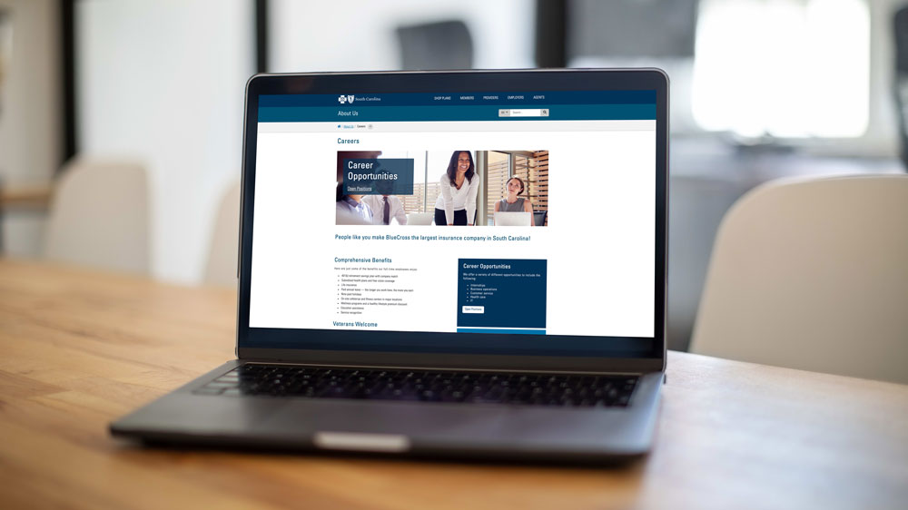 BlueCross Careers Website open on computer