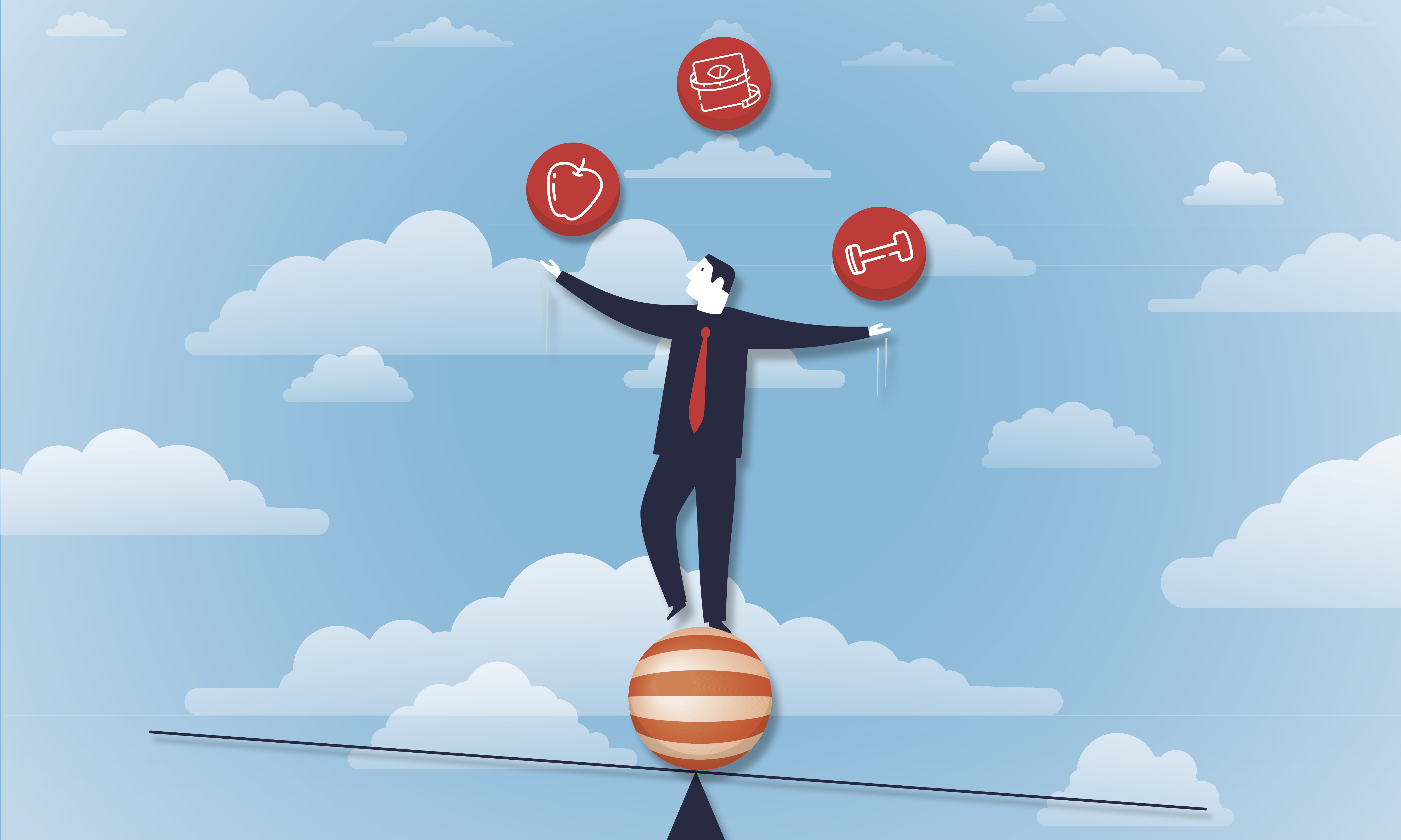 Cartoon of person on balance beam juggling balls with symbols representing diet and exercise.
